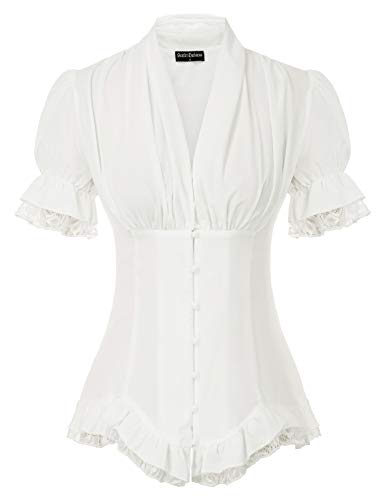 SCARLET DARKNESS Pleated Vintage Tops Blouse Lace Up V-Neck Shirt Renaissance 2XL SL2136-1 White steampunk buy now online