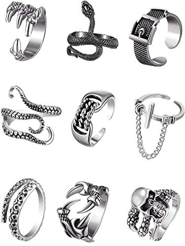 9 Pieces Vintage Punk Rings Gothic Vintage Ring Chain Belt Finger Open Ring Skull Dragon Octopus Snake Claw Open Adjustable Rings Stackable Knuckle Ring for Women and Men steampunk buy now online