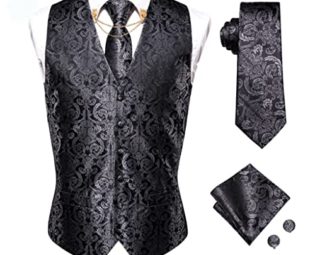 KKKL suit vest Silk Mens Vests Black Floral Jaquard Waistcoat Tie Hankerchief Cufflinks Gold Collar Pin Set For Men Dress Suit Business (Color : Black, Size : 3XL) steampunk buy now online
