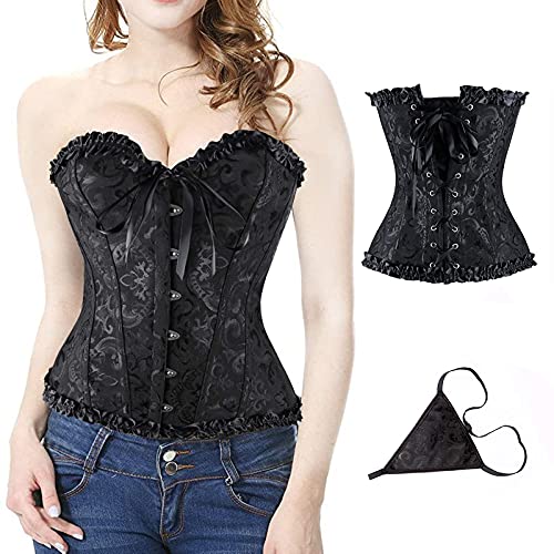 Bustier Corset Women Sport Workout Body Shaper Tummy Control Lace up Floral Embroidery Boned Corsets + G-string（Black） steampunk buy now online