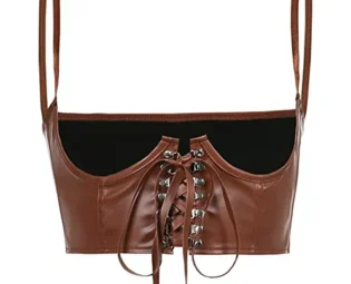 Women Summer Y2K Chest Support Crop Tops E-Girls PU Leather Square Neck Tank Top Ladies Clothes Lace Blouses Vest Corset Female Camisole Bustiers Lace Up Tube Top (Brown, M) steampunk buy now online