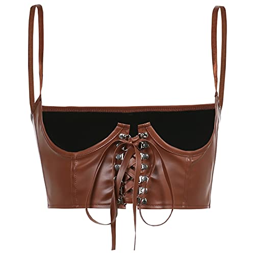 Women Summer Y2K Chest Support Crop Tops E-Girls PU Leather Square Neck Tank Top Ladies Clothes Lace Blouses Vest Corset Female Camisole Bustiers Lace Up Tube Top (Brown, M) steampunk buy now online