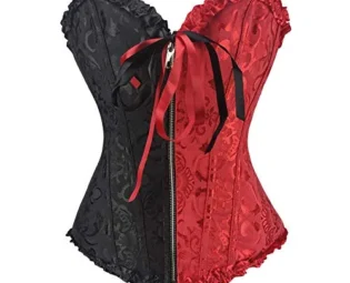 PAUSUNA Women's Black Red Bustier Burlesque Basque Rouge Zip Lace Up Boned Corset Top (Floral Black Red (Zip up), L) steampunk buy now online