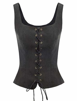 Women Vintage Faux Suede Square Neck U-Back Lace-up Front Vest Coat Waistcoat Black XL steampunk buy now online