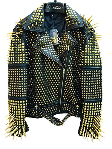 Women Punk Clothing Metal Rivet Steampunk Golden Spiked Genuine Handmade Leather Jacket (4XL, Black) steampunk buy now online