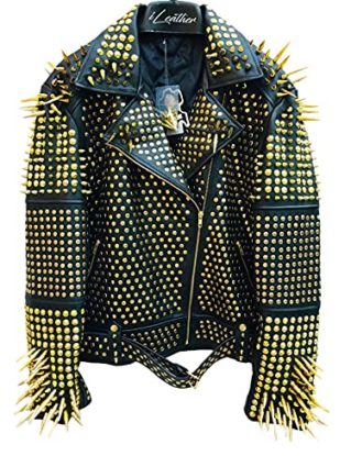 Women Punk Clothing Metal Rivet Steampunk Golden Spiked Genuine Handmade Leather Jacket (4XL, Black) steampunk buy now online