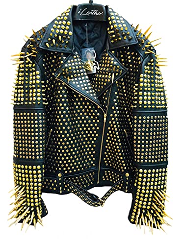 Women Punk Clothing Metal Rivet Steampunk Golden Spiked Genuine Handmade Leather Jacket (4XL, Black) steampunk buy now online