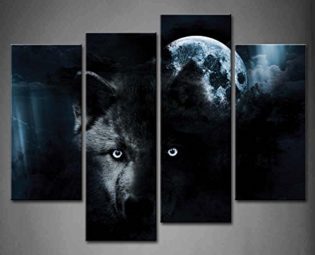 4 Panel Wall Art Black Wolf And Full Moon Painting The Picture Print On Canvas Animal Pictures For Home Decor Decoration Gift Piece Stretched By Wooden Frame Ready To Hang steampunk buy now online