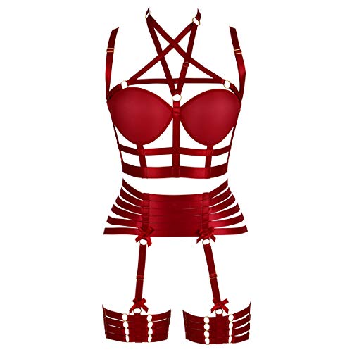 Women's Full Body Harness Bra Lingerie cage Set Punk Gothic Garter Belt Plus Size Festival Rave Pentagram Chest Strap (Wine red) steampunk buy now online