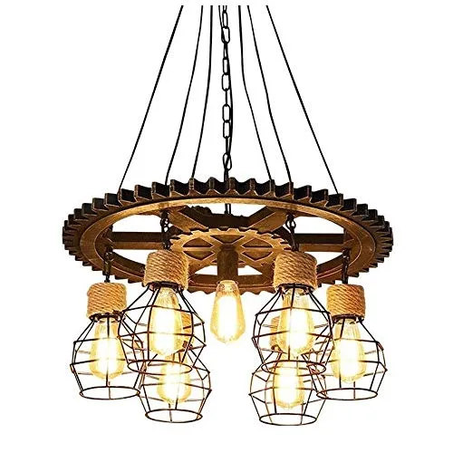 Raelf Industrial retro chandelier 7 antique chandelier Industrial wrought iron solid wood hanging lamp ceiling lamp wooden gear chandelier Bar, cafe restaurant steampunk light pendant lamp chandelier steampunk buy now online