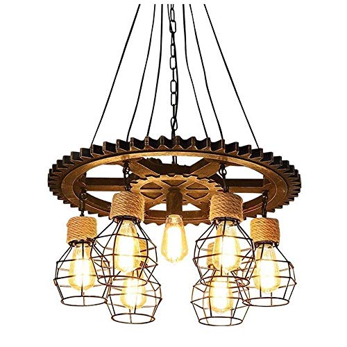 Raelf Industrial retro chandelier 7 antique chandelier Industrial wrought iron solid wood hanging lamp ceiling lamp wooden gear chandelier Bar, cafe restaurant steampunk light pendant lamp chandelier steampunk buy now online