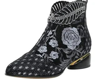Women Shoes Ladies Short Boots Floral Embroidered Pointed Toe Zipper Cowboy Boots Classic Cowboy Boots Business Office Work Party Dress Shoes (Black, 7) steampunk buy now online
