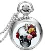 JewelryWe New Skull and Flower Print Quartz Pocket Watch Pendant Necklace White Dial Arabic Numerals with 31.5" Chain, with Gift Bag steampunk buy now online
