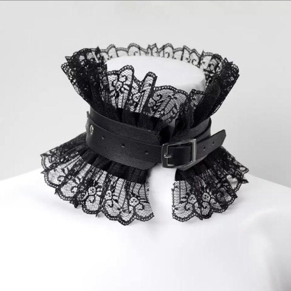 Black leather lace high goth choker drama Halloween dress Renaissance choker goth punk black ladies choker black Halloween dress choker by Theemeraldfairies steampunk buy now online