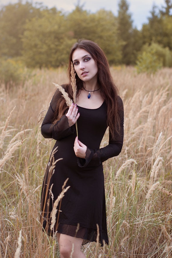 Black winter dress. gothic dress. Witchy mesh dress. Elven black dress. Elven dress. Goth dress. Gothic clothing. LBD. Festival. Steampunk by AbstractikaCrafts steampunk buy now online