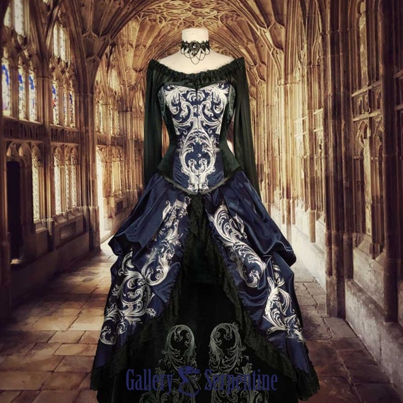 Midnight Baroque Scrolls - Gothic Victorian Corset Ball Gown by GallerySerpentine steampunk buy now online