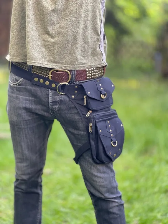 Riveting Bag with Leg Holster 2 >>> 2 Colors >> Holster bag, Festival Utility Belt with Leg Strap, JUNGLE, Psy Trance, Festival Clothing by JungleTripDesign steampunk buy now online