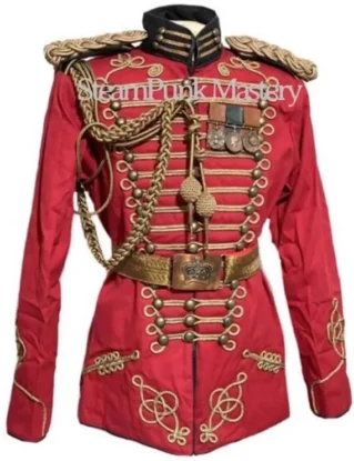 Steampunk 5pcs Red Army Officers Antique Braiding Hussar Jacket with antique shoulder accessories and belt & medals size 40”42”44”46”48” by SteamPunkMastery steampunk buy now online