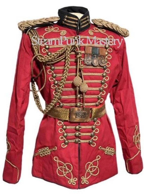 Steampunk 5pcs Red Army Officers Antique Braiding Hussar Jacket with antique shoulder accessories and belt & medals size 40”42”44”46”48” by SteamPunkMastery steampunk buy now online