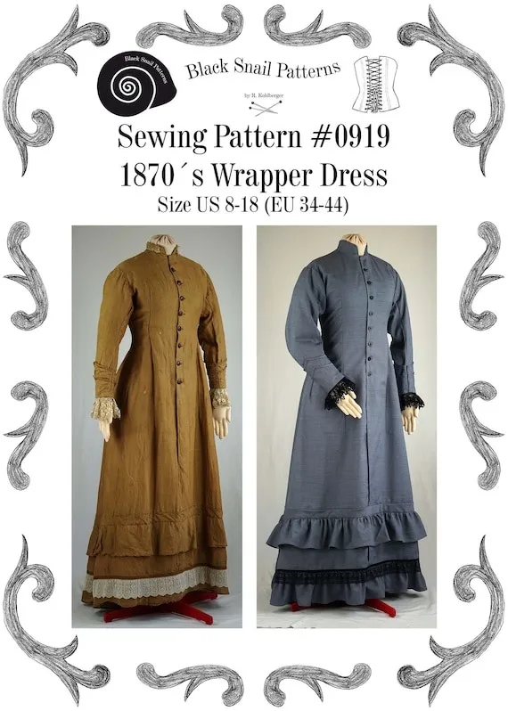 Victorian Wrapper Dress about 1870 Sewing Pattern #0919 Size US 8-30 (EU 34-56) PDF Download by BlackSnailPatterns steampunk buy now online Victorian Wrapper Dress about 1870 Sewing Pattern #0919 Size US 8-30 (EU 34-56) PDF Download by BlackSnailPatterns steampunk buy now online