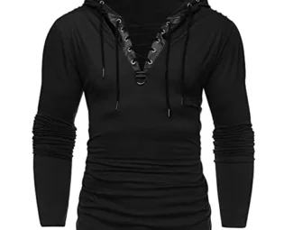 Men's Gothic Steampunk Hoodies Sweatshirt Lace Up Long Sleeve Pullover Casual Hooded Tee Tops Shirts Black steampunk buy now online