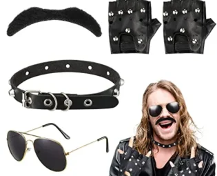 4 Pack Punk Men Biker Costume Accessories Includes Sunglasses Chokers Gloves and Fake Mustache, 1980s Gangster Biker Cosplay Costume Adults Outfit for 80s Steam Punk Party Fancy Dress, Black steampunk buy now online