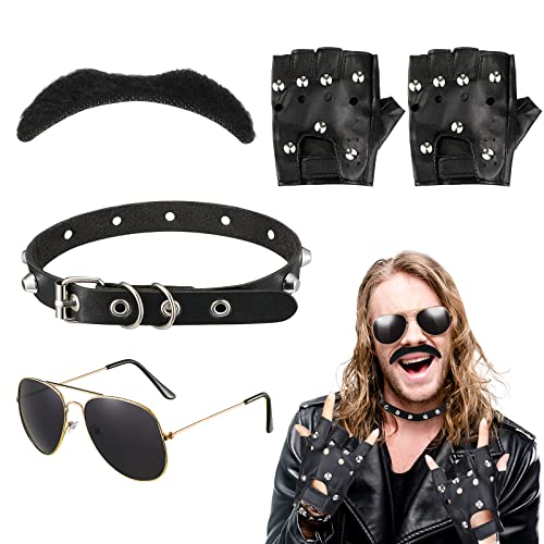 4 Pack Punk Men Biker Costume Accessories Includes Sunglasses Chokers Gloves and Fake Mustache, 1980s Gangster Biker Cosplay Costume Adults Outfit for 80s Steam Punk Party Fancy Dress, Black steampunk buy now online