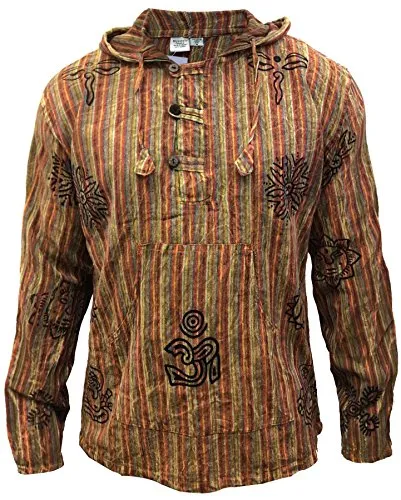 SHOPOHOLIC FASHION Mens Stonewashed Striped Hooded Grandad Shirt (M,Orange) steampunk buy now online