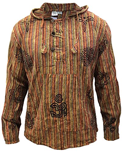 SHOPOHOLIC FASHION Mens Stonewashed Striped Hooded Grandad Shirt (M,Orange) steampunk buy now online