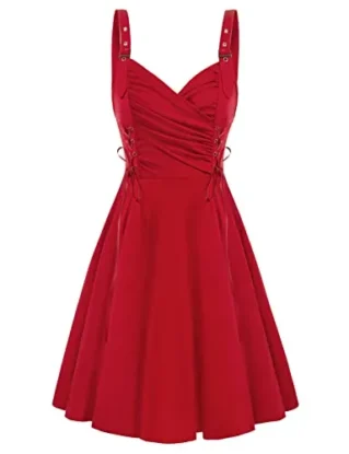 SCARLET DARKNESS Retro Steampunk Sleeveless with Drawstring Women Dress Medieval V-Neck A-Line Cocktail Party Dress M Red 164S22-2 steampunk buy now online