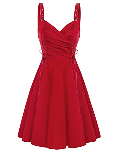 SCARLET DARKNESS Retro Steampunk Sleeveless with Drawstring Women Dress Medieval V-Neck A-Line Cocktail Party Dress M Red 164S22-2 steampunk buy now online