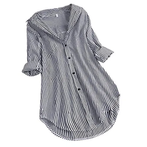 Cocila Women Chic Stripe Long Sleeve Turn-Down Collar Button Loose Tunic Tops Shirts Blouse(L,Black) steampunk buy now online