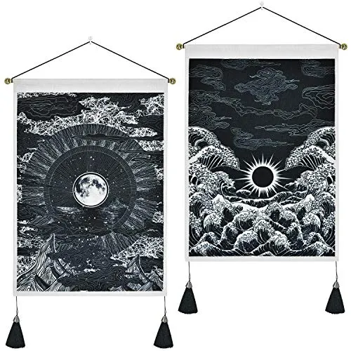 Pack of 2 Tapestry Moon and Star Tapestry Ocean Wave Tapestry Black and White Tapestries Mountain Tapestry Sunset Great Wave Tapestry Wall Hanging for Room(35X50cm) steampunk buy now online
