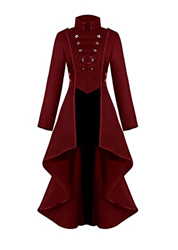 Vintage Steampunk Jacket Halloween Costumes for Women, Female Medieval Gothic Renaissance Clothes LadiesTailcoat Irregular Hem Outfits, Adult Retro Victorian Pirate Vampire Cosplay Uniform (Red, M) steampunk buy now online