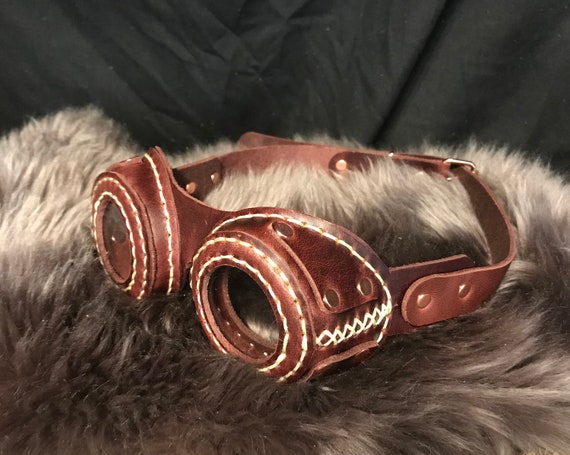 Genuine Leather Hand Stitched Steampunk Red brown Leather Goggles Fancy Dress Cosplay Dress Up by Blackskullarmoury steampunk buy now online