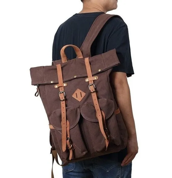 Retro Canvas Leather Bag Backpack Student bag Rucksack Knapsack Schoolbag Waterproof Laptop bag Computer Hiking Military Travel bag Backpack by RealLeatherWonder steampunk buy now online