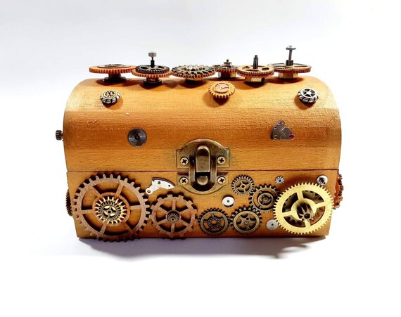 Steampunk Overload Cogs Decorated Treasure Box Steampunk Inspired with Original Clock Parts and Customised Parts. Comes with a FREE GIFT by OorWeeStudio steampunk buy now online