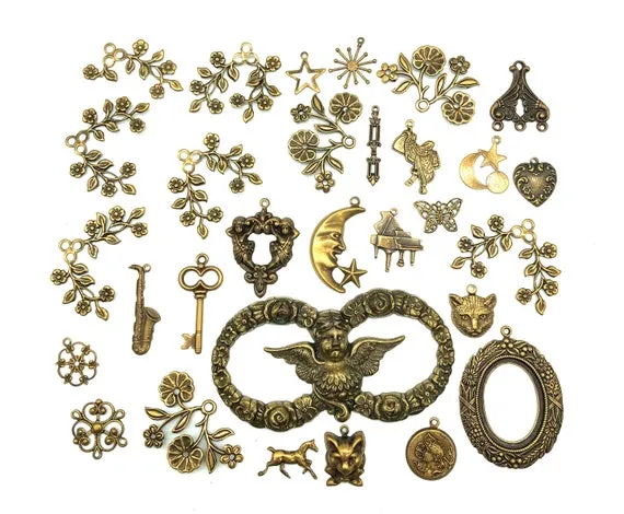 Vintage Brass Stampings 30 Pieces Findings Embellishments Jewelry Making Altered Art Steampunk Lot by JanetsTrinkets steampunk buy now online
