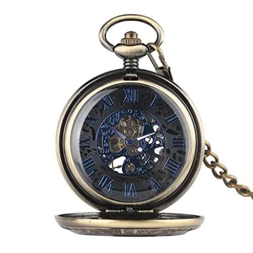 Pocket watch Dial Mechanical Pocket Watch Transparent Blue Roman Numerals Display Hand Winding Pocket Watch For Men Clock steampunk buy now online
