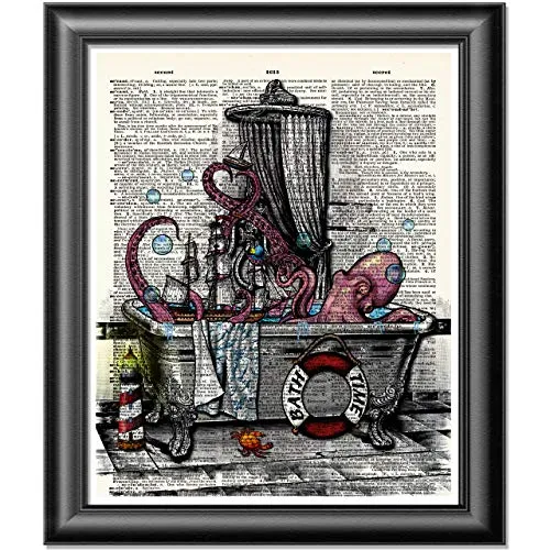 Octopus Print, Art Print on real dictionary book page, Bathroom Decor steampunk buy now online