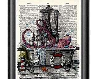 Octopus Print, Art Print on real dictionary book page, Bathroom Decor steampunk buy now online