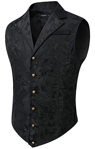 HISDERN Men's Paisley Waistcoat Black Printed Gothic Steampunk Vintage Lapel Waistcoat Shiny Wedding Party Vest for Suit or Tuxedo,(Black, XL) steampunk buy now online