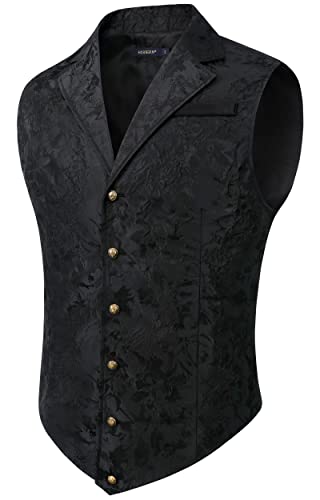 HISDERN Men's Paisley Waistcoat Black Printed Gothic Steampunk Vintage Lapel Waistcoat Shiny Wedding Party Vest for Suit or Tuxedo,(Black, XL) steampunk buy now online