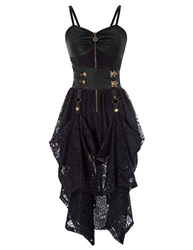 Women's Steampunk Corset Dress Plus Size Victorian Faux Leather Decorated Lace Fancy Cocktail Dress 2XL Black steampunk buy now online