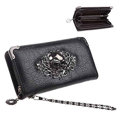 JunNeng Women Long Skull Purses Gothic Purse for Women PU Leather Clutch Wallet Bag Skull Handbag Gifts for Womens, Black steampunk buy now online