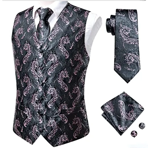 KKKL suit vest Silk Mens Vests Pink Gray Paisley Woven Waistcoat Tie Hankerchief Cufflinks Set For Men Dress Suit (Color : As shown, Size : 3XL) steampunk buy now online