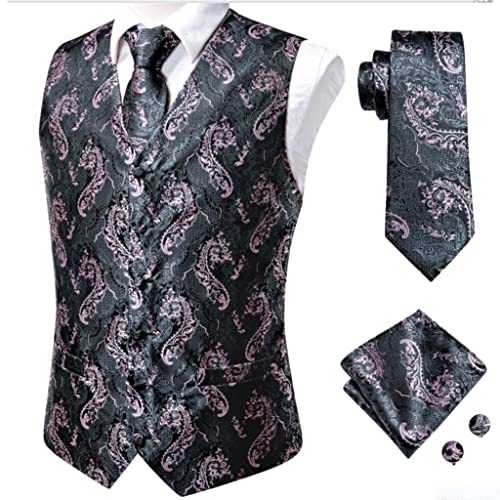 KKKL suit vest Silk Mens Vests Pink Gray Paisley Woven Waistcoat Tie Hankerchief Cufflinks Set For Men Dress Suit (Color : As shown, Size : 3XL) steampunk buy now online