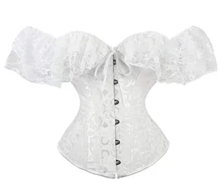 Rouyamiao Women's Sexy Lace Short Sleeve Corset, Solid Color Tie-up Boat Neck Slim Elastic Shaping Crop Tops (White, M) steampunk buy now online