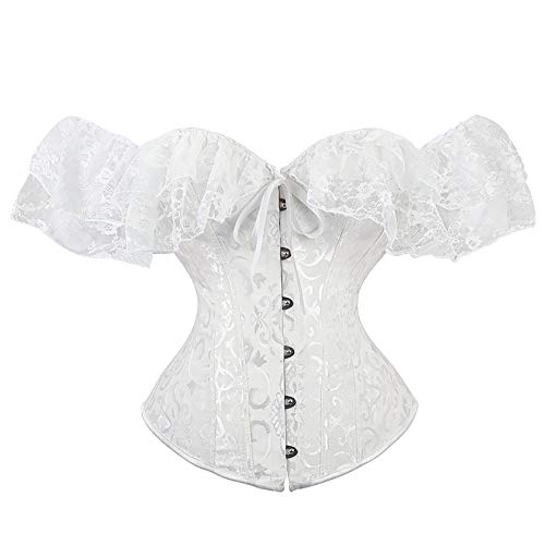 Rouyamiao Women's Sexy Lace Short Sleeve Corset, Solid Color Tie-up Boat Neck Slim Elastic Shaping Crop Tops (White, M) steampunk buy now online