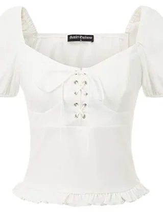 SCARLET DARKNESS Women’s Square Neck Tops Short Puff Sleeves Lacing Front Pullover Renaissance Blouses White L steampunk buy now online